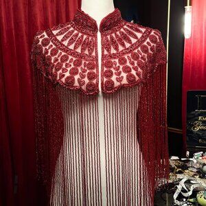 Red Fringe Cape, Rhinestone Beaded Shawl, Luxury Sequin Cape, Festival Outfit